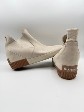 Sorel Women's Cream Suede Slip-On Ankle Booties with Brown Rubber Heel